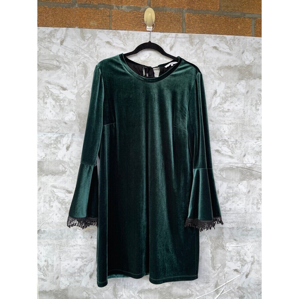 Kobi Halperin Hallie Bell Sleeve Velvet Shift Dress, green emerald size large - Picture 3 of 9